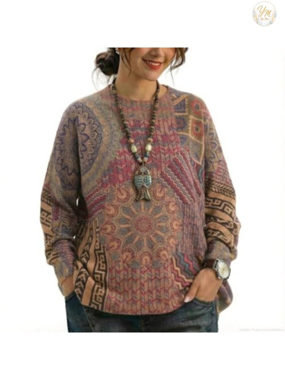 Oversized Graphic Print Knit Pullover Sweater Women's Crewneck Long Sleeve